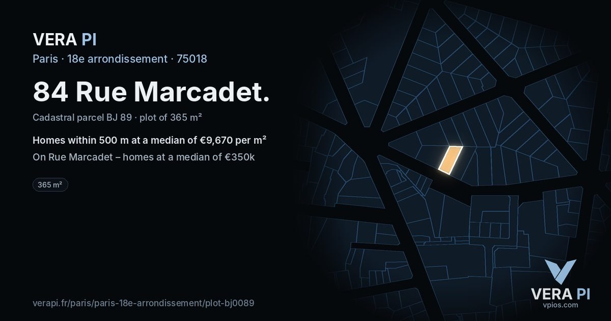 84 Rue Marcadet, 18e arrondissement at night – the plot lit, the parcels around coloured by the prices near them
