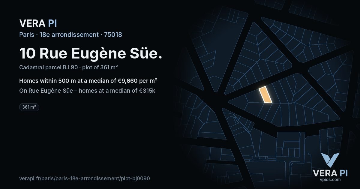 10 Rue Eugène Süe, 18e arrondissement at night – the plot lit, the parcels around coloured by the prices near them
