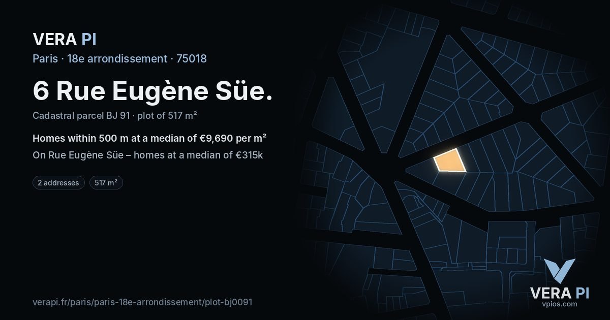 6 Rue Eugène Süe, 18e arrondissement at night – the plot lit, the parcels around coloured by the prices near them