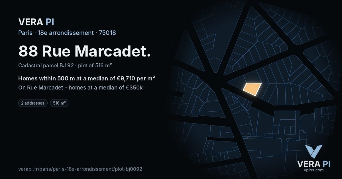88 Rue Marcadet, 18e arrondissement at night – the plot lit, the parcels around coloured by the prices near them