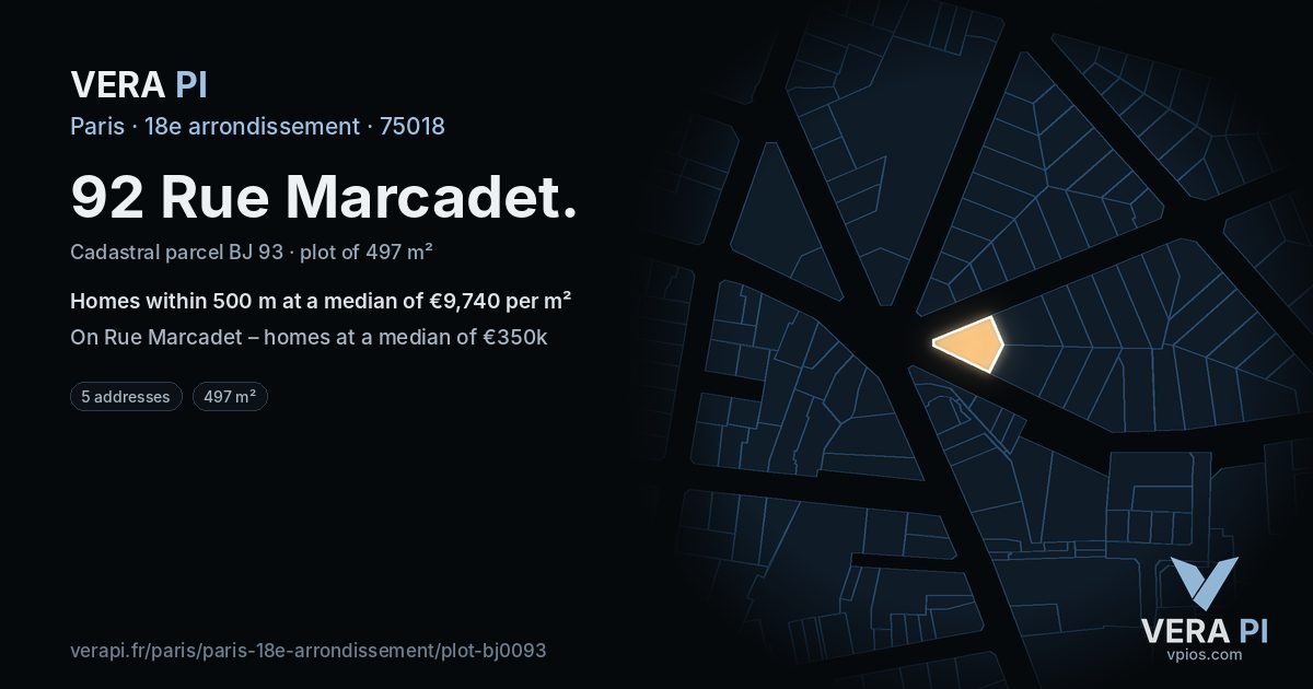 92 Rue Marcadet, 18e arrondissement at night – the plot lit, the parcels around coloured by the prices near them