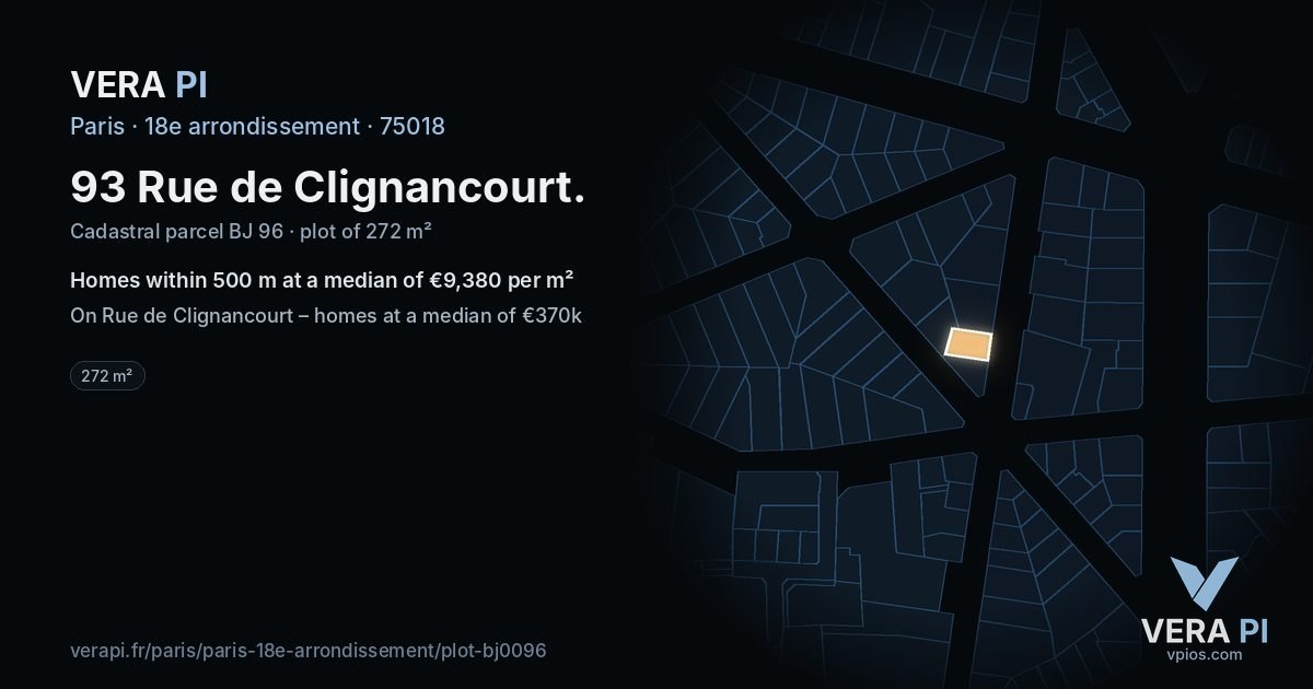 93 Rue de Clignancourt, 18e arrondissement at night – the plot lit, the parcels around coloured by the prices near them