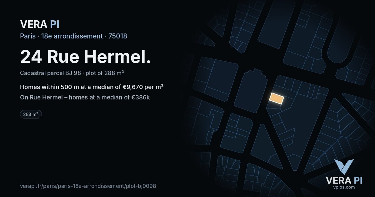 24 Rue Hermel, 18e arrondissement at night – the plot lit, the parcels around coloured by the prices near them