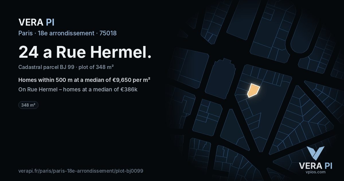 24 a Rue Hermel, 18e arrondissement at night – the plot lit, the parcels around coloured by the prices near them