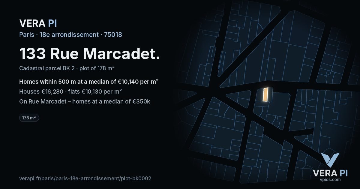 133 Rue Marcadet, 18e arrondissement at night – the plot lit, the parcels around coloured by the prices near them