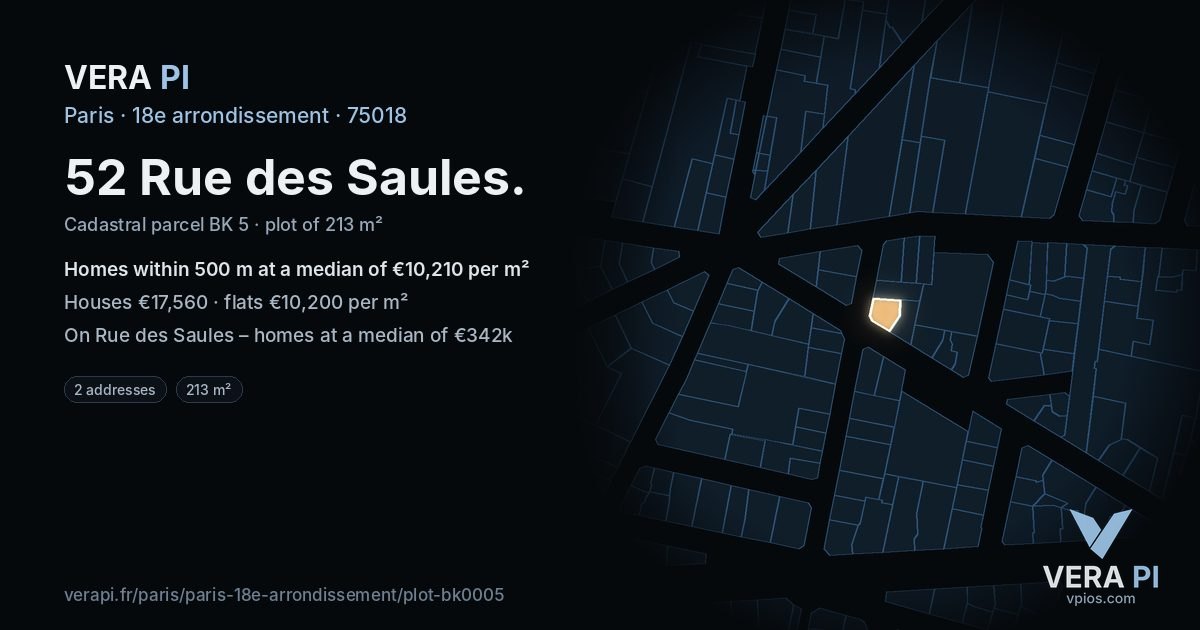 52 Rue des Saules, 18e arrondissement at night – the plot lit, the parcels around coloured by the prices near them