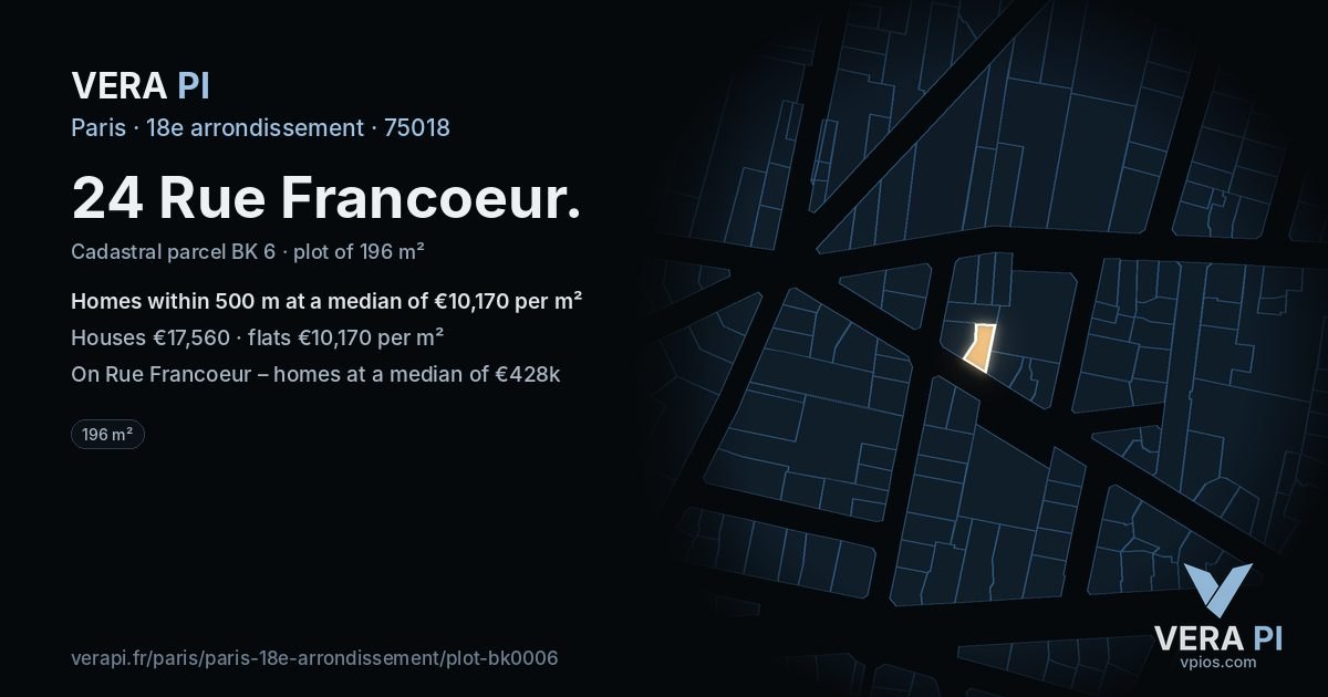 24 Rue Francoeur, 18e arrondissement at night – the plot lit, the parcels around coloured by the prices near them