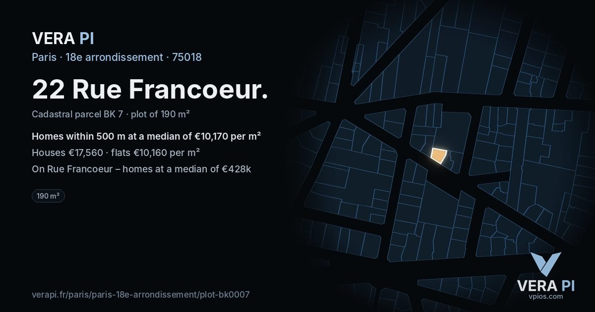 22 Rue Francoeur, 18e arrondissement at night – the plot lit, the parcels around coloured by the prices near them