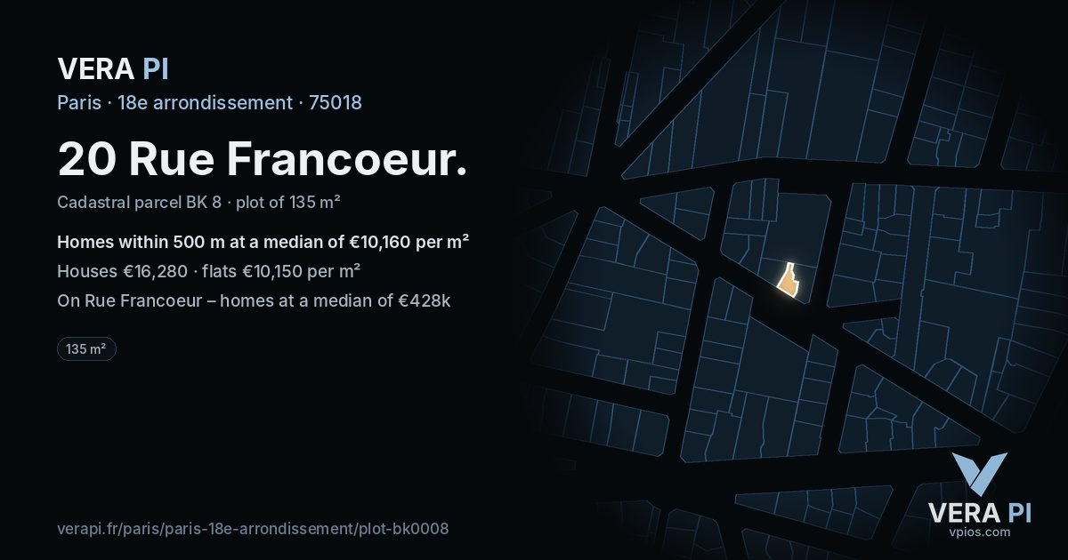 20 Rue Francoeur, 18e arrondissement at night – the plot lit, the parcels around coloured by the prices near them