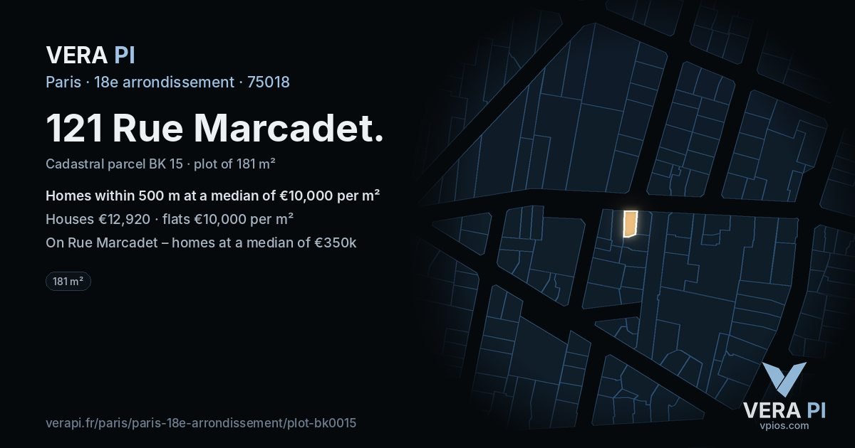 121 Rue Marcadet, 18e arrondissement at night – the plot lit, the parcels around coloured by the prices near them