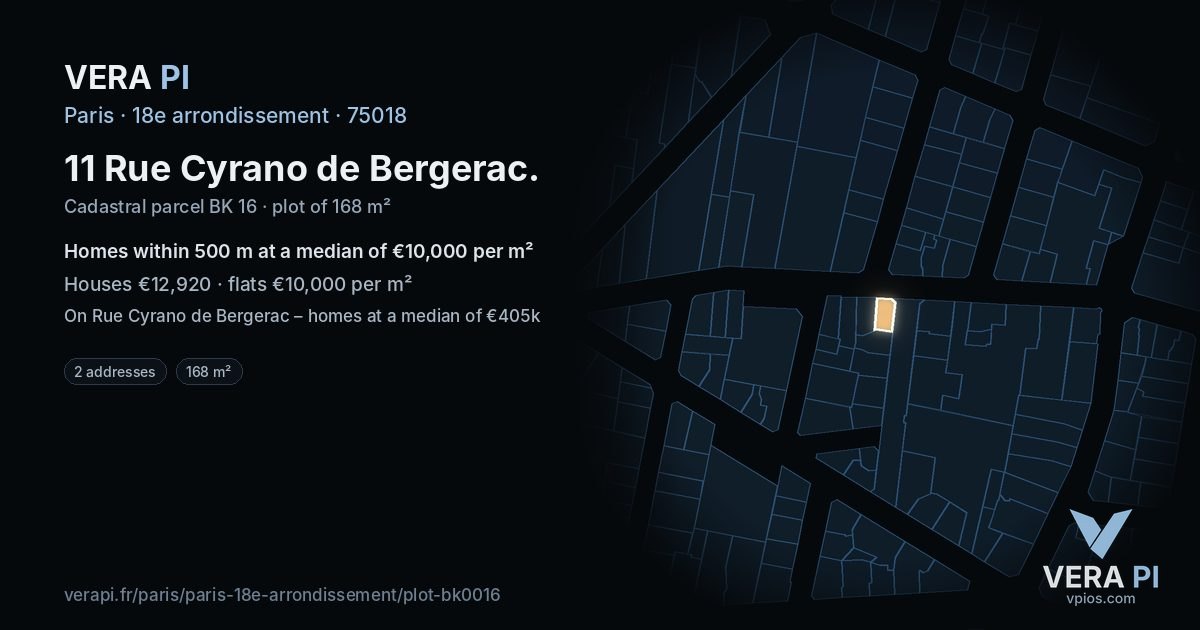11 Rue Cyrano de Bergerac, 18e arrondissement at night – the plot lit, the parcels around coloured by the prices near them