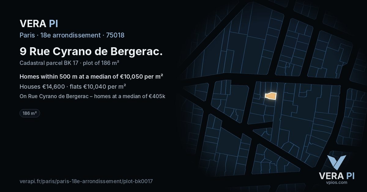 9 Rue Cyrano de Bergerac, 18e arrondissement at night – the plot lit, the parcels around coloured by the prices near them