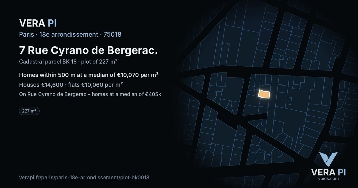 7 Rue Cyrano de Bergerac, 18e arrondissement at night – the plot lit, the parcels around coloured by the prices near them