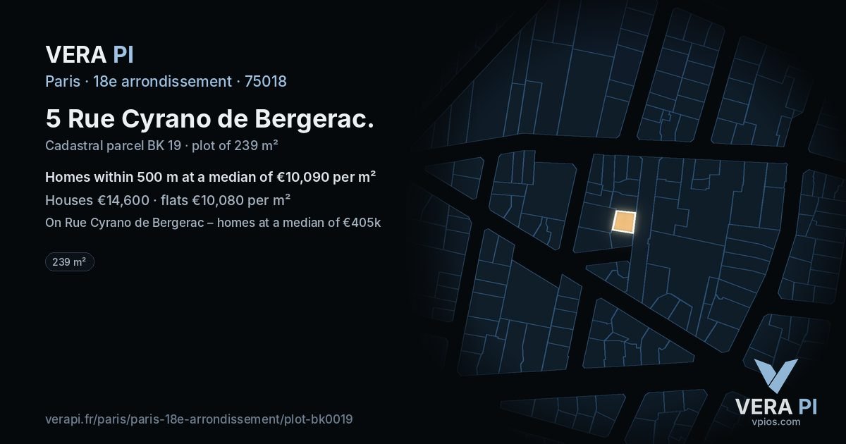 5 Rue Cyrano de Bergerac, 18e arrondissement at night – the plot lit, the parcels around coloured by the prices near them