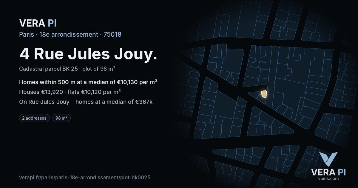 4 Rue Jules Jouy, 18e arrondissement at night – the plot lit, the parcels around coloured by the prices near them
