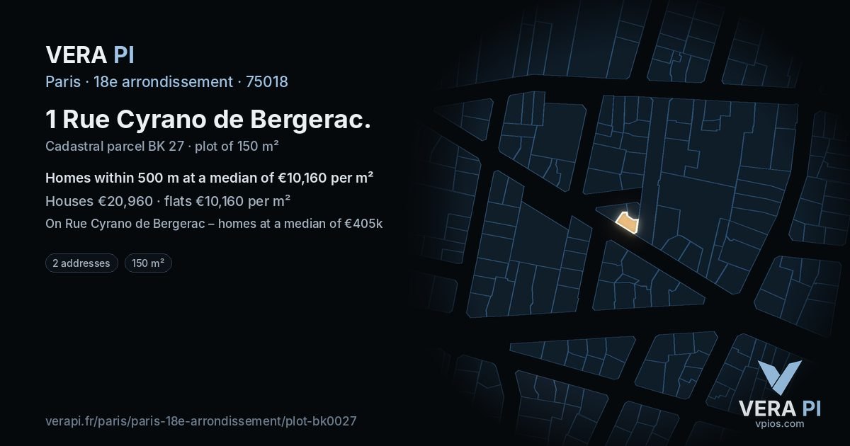 1 Rue Cyrano de Bergerac, 18e arrondissement at night – the plot lit, the parcels around coloured by the prices near them