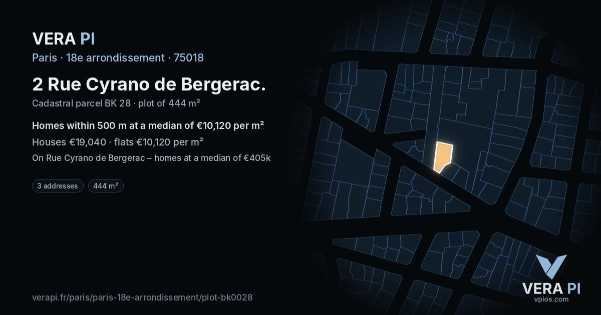 2 Rue Cyrano de Bergerac, 18e arrondissement at night – the plot lit, the parcels around coloured by the prices near them