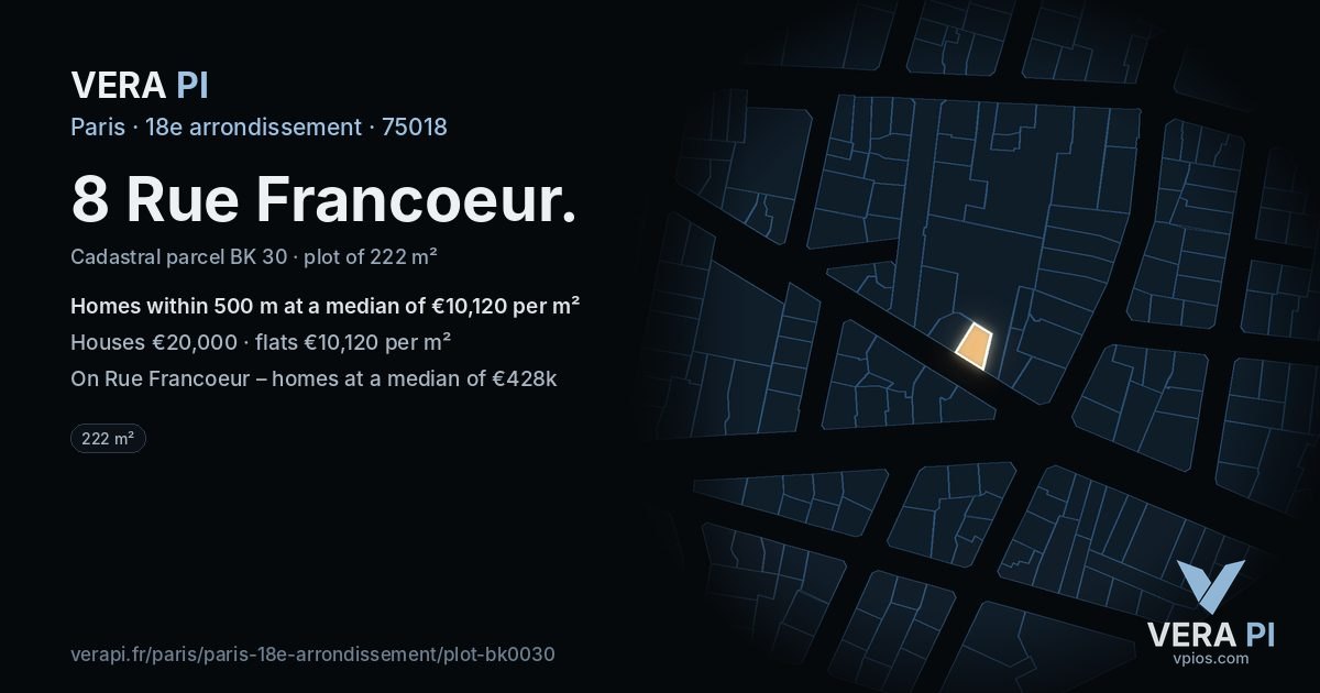 8 Rue Francoeur, 18e arrondissement at night – the plot lit, the parcels around coloured by the prices near them
