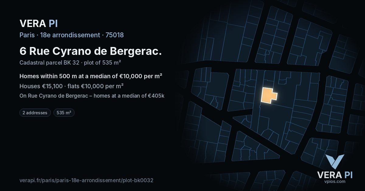 6 Rue Cyrano de Bergerac, 18e arrondissement at night – the plot lit, the parcels around coloured by the prices near them