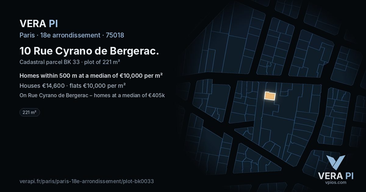 10 Rue Cyrano de Bergerac, 18e arrondissement at night – the plot lit, the parcels around coloured by the prices near them