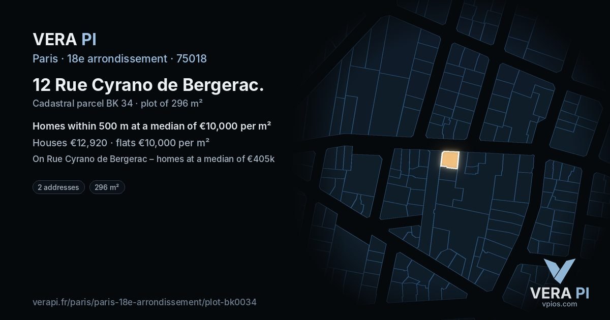 12 Rue Cyrano de Bergerac, 18e arrondissement at night – the plot lit, the parcels around coloured by the prices near them