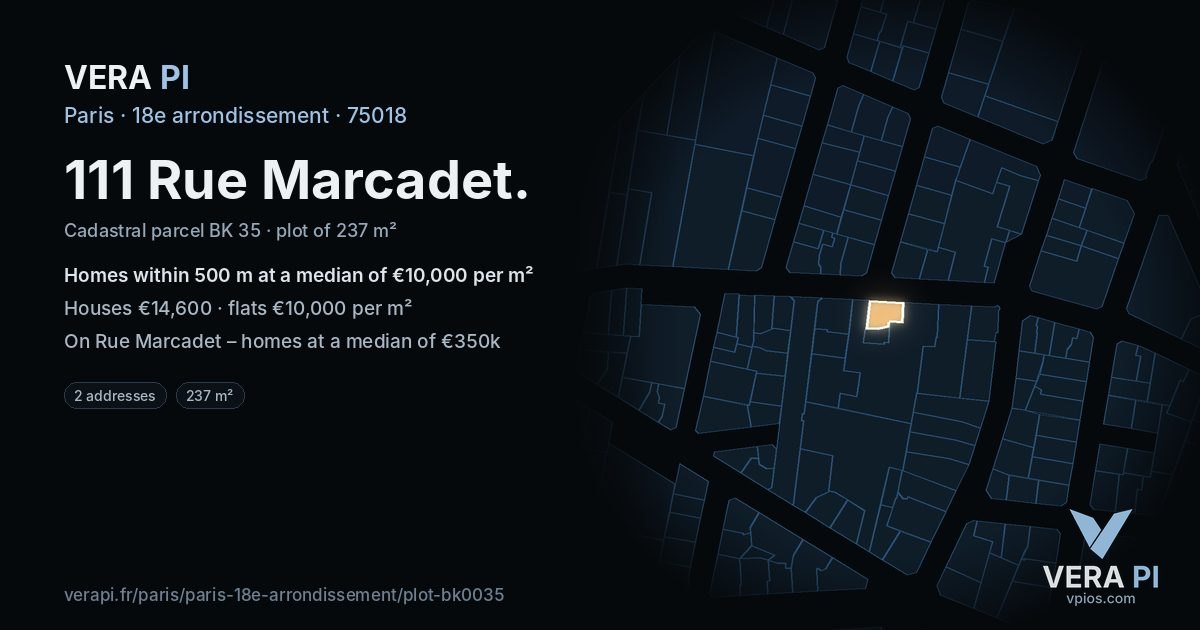 111 Rue Marcadet, 18e arrondissement at night – the plot lit, the parcels around coloured by the prices near them