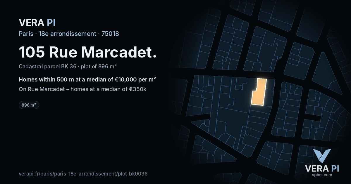 105 Rue Marcadet, 18e arrondissement at night – the plot lit, the parcels around coloured by the prices near them