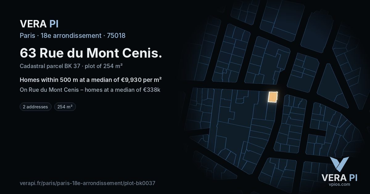 63 Rue du Mont Cenis, 18e arrondissement at night – the plot lit, the parcels around coloured by the prices near them