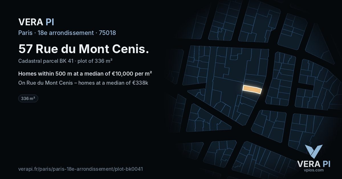 57 Rue du Mont Cenis, 18e arrondissement at night – the plot lit, the parcels around coloured by the prices near them