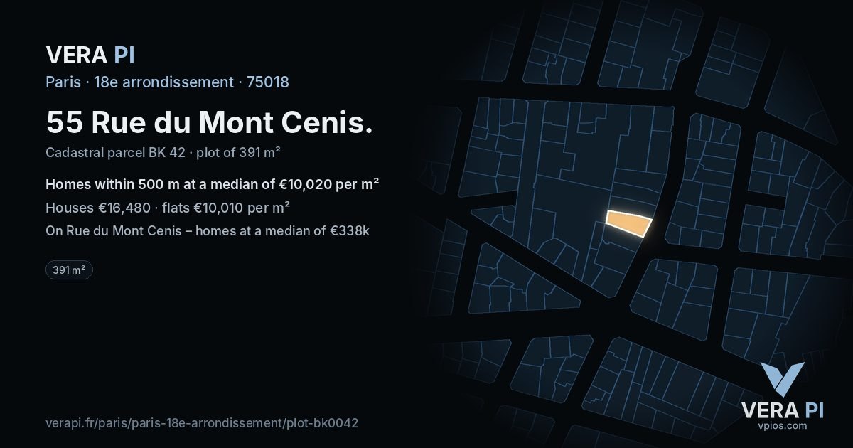 55 Rue du Mont Cenis, 18e arrondissement at night – the plot lit, the parcels around coloured by the prices near them