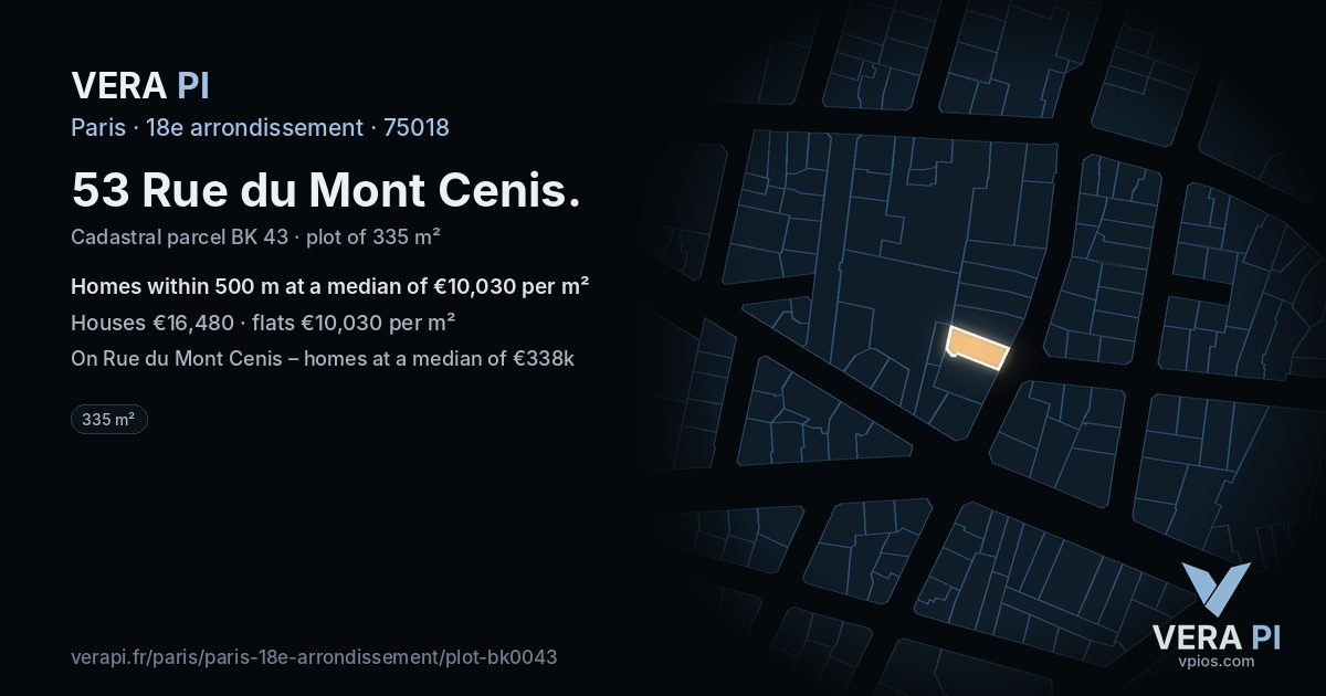 53 Rue du Mont Cenis, 18e arrondissement at night – the plot lit, the parcels around coloured by the prices near them