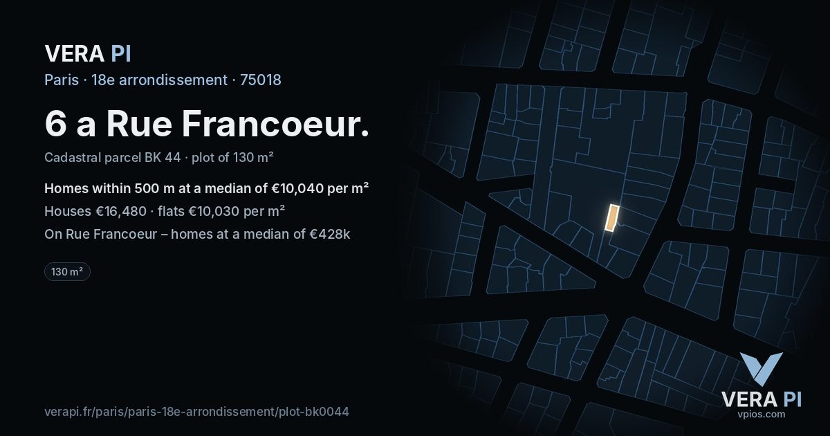 6 a Rue Francoeur, 18e arrondissement at night – the plot lit, the parcels around coloured by the prices near them