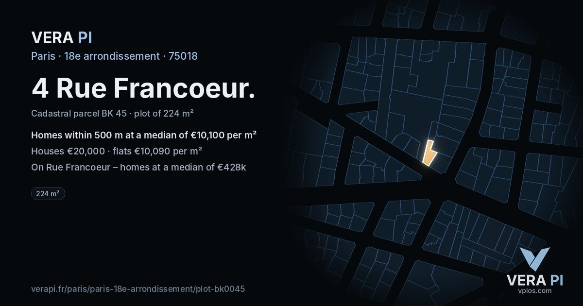 4 Rue Francoeur, 18e arrondissement at night – the plot lit, the parcels around coloured by the prices near them