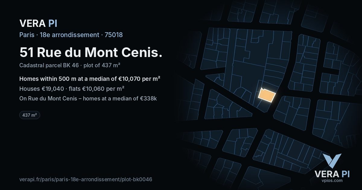 51 Rue du Mont Cenis, 18e arrondissement at night – the plot lit, the parcels around coloured by the prices near them