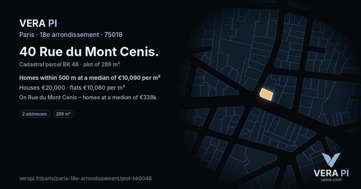 40 Rue du Mont Cenis, 18e arrondissement at night – the plot lit, the parcels around coloured by the prices near them