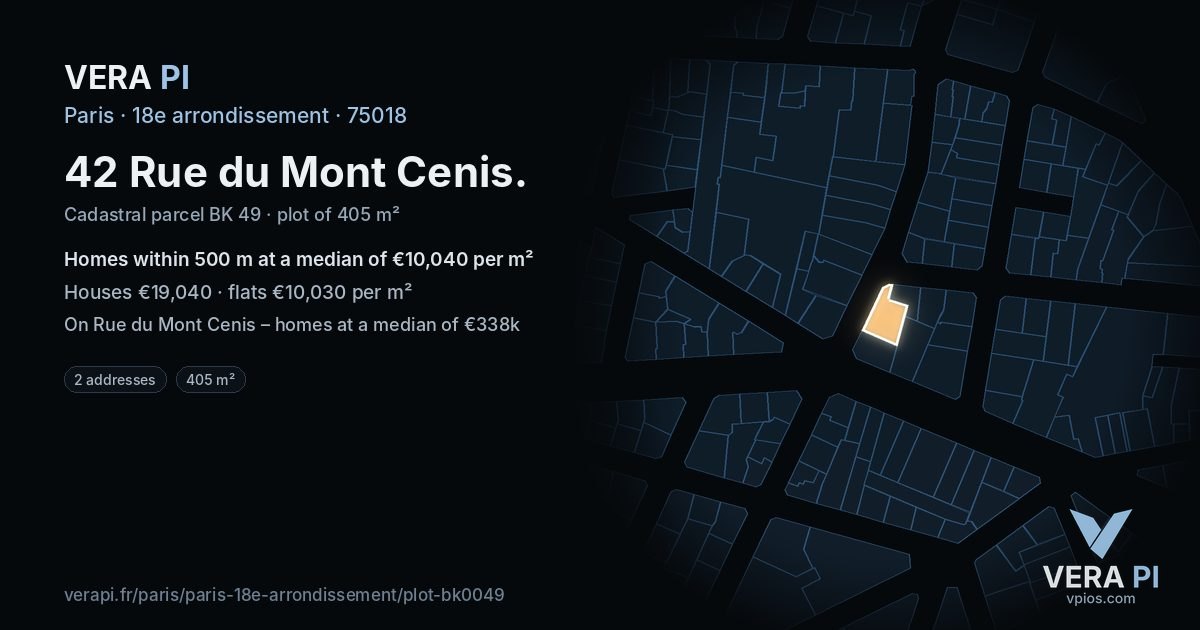 42 Rue du Mont Cenis, 18e arrondissement at night – the plot lit, the parcels around coloured by the prices near them