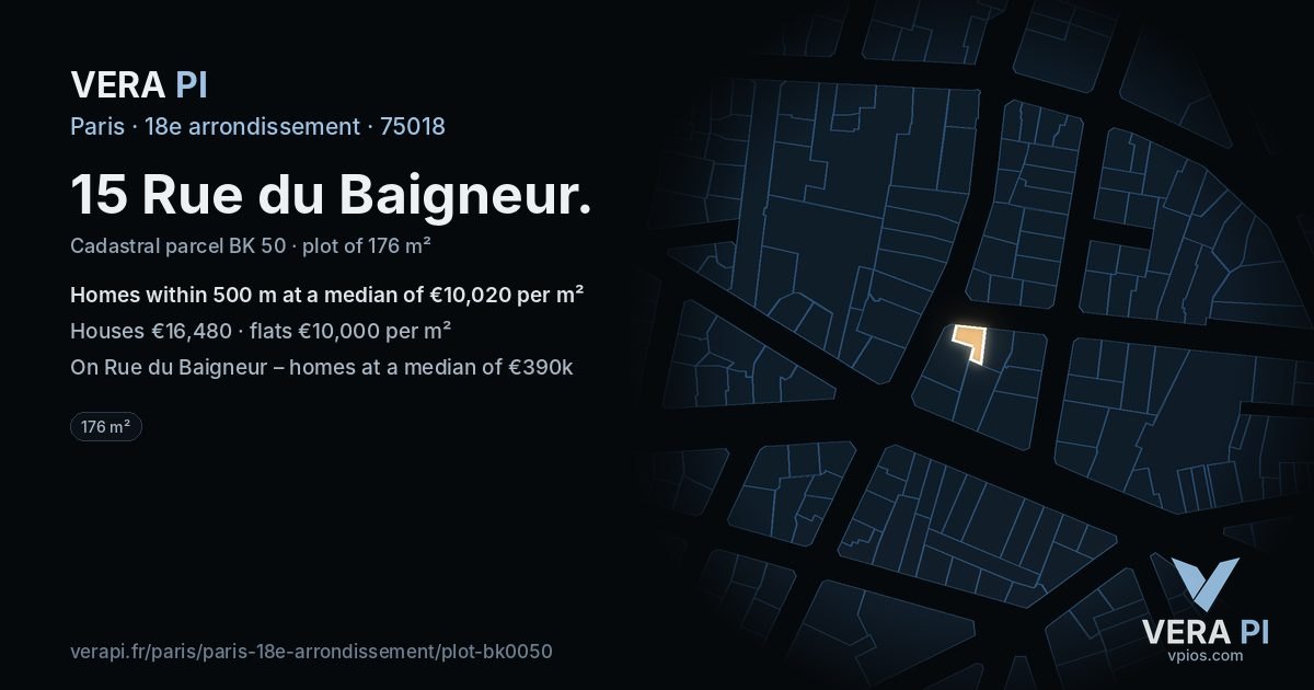 15 Rue du Baigneur, 18e arrondissement at night – the plot lit, the parcels around coloured by the prices near them
