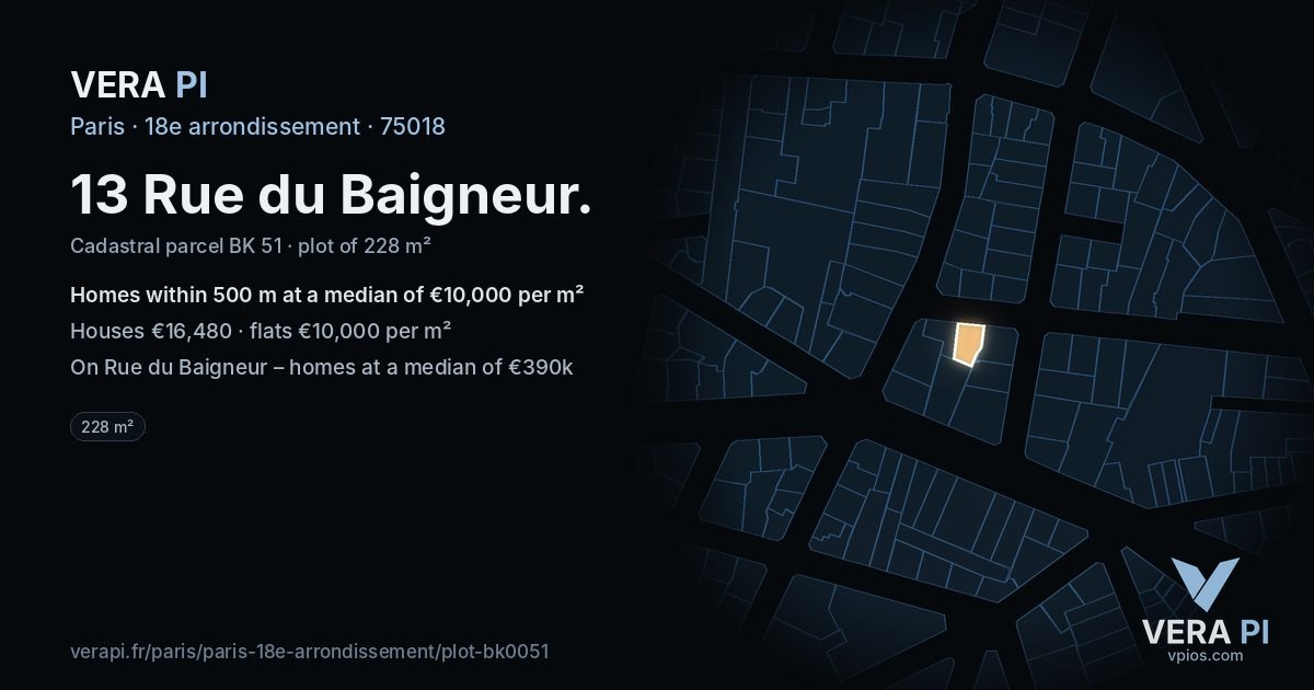 13 Rue du Baigneur, 18e arrondissement at night – the plot lit, the parcels around coloured by the prices near them