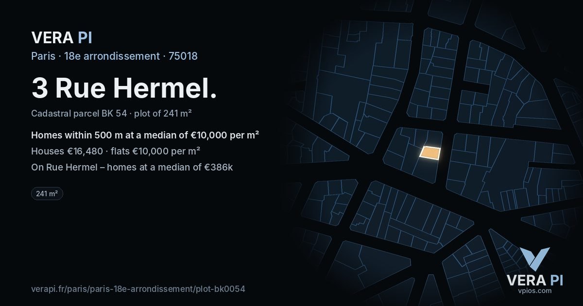 3 Rue Hermel, 18e arrondissement at night – the plot lit, the parcels around coloured by the prices near them