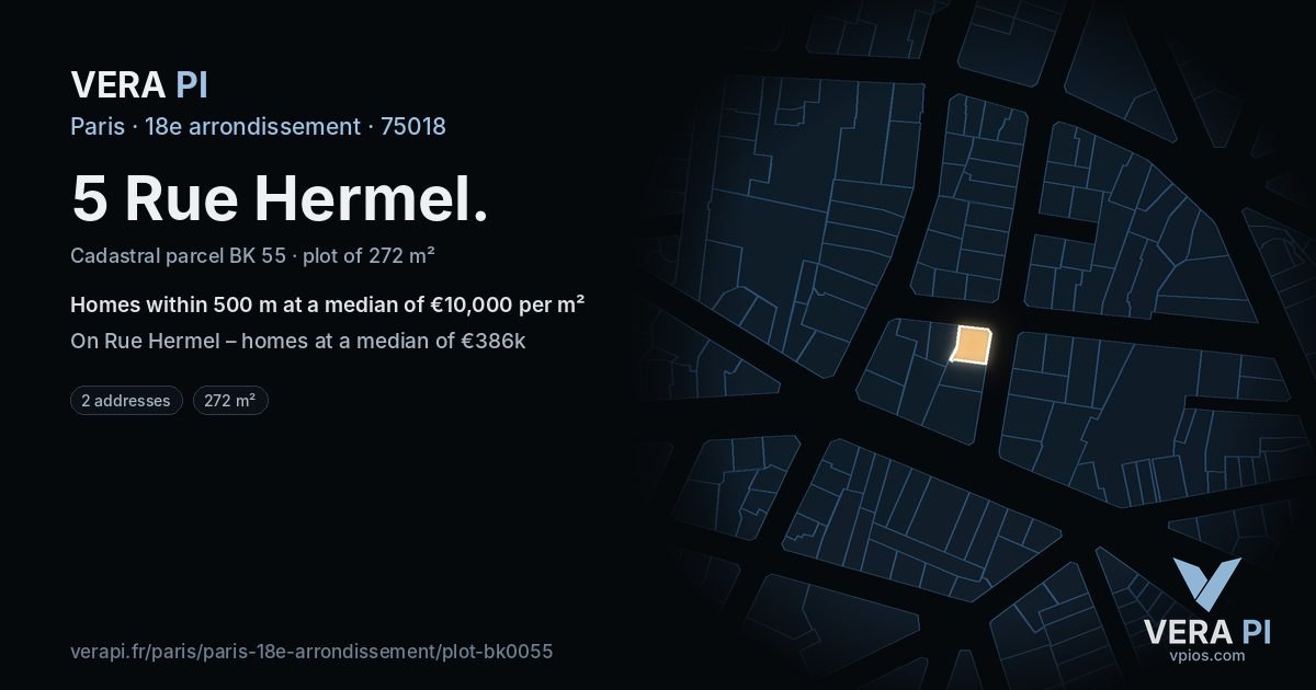 5 Rue Hermel, 18e arrondissement at night – the plot lit, the parcels around coloured by the prices near them