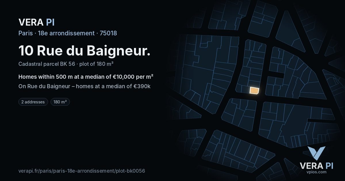 10 Rue du Baigneur, 18e arrondissement at night – the plot lit, the parcels around coloured by the prices near them
