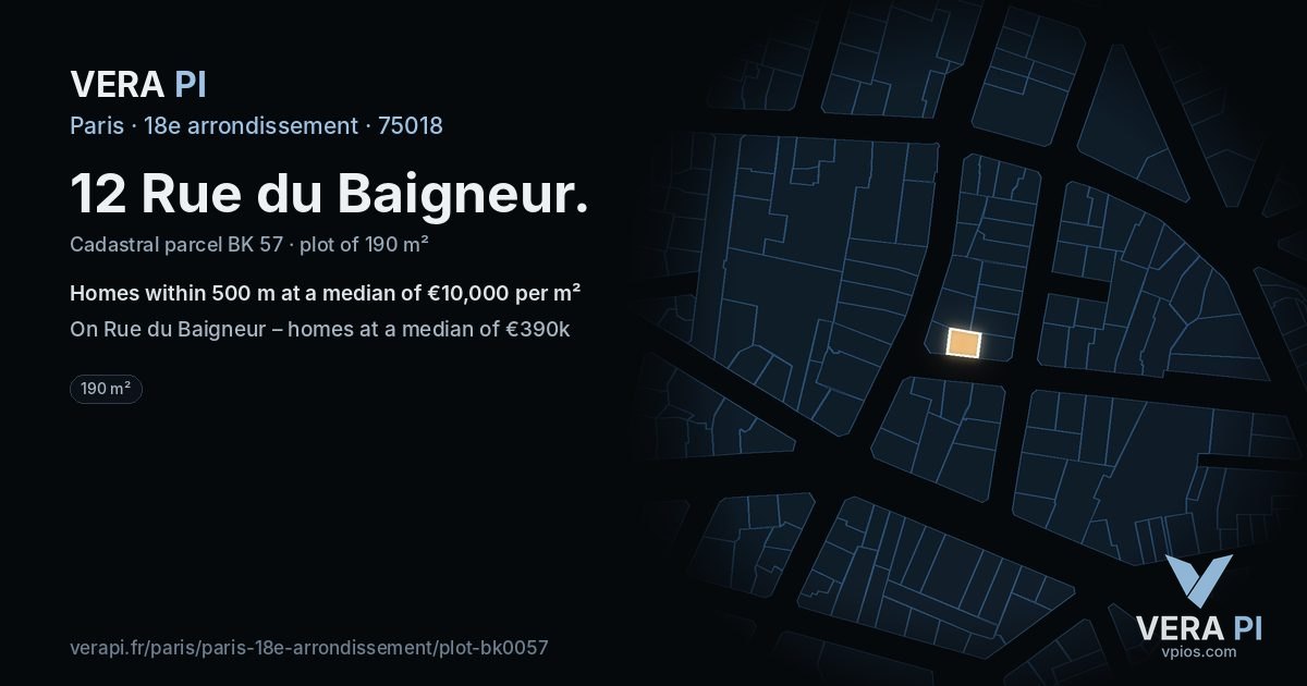 12 Rue du Baigneur, 18e arrondissement at night – the plot lit, the parcels around coloured by the prices near them