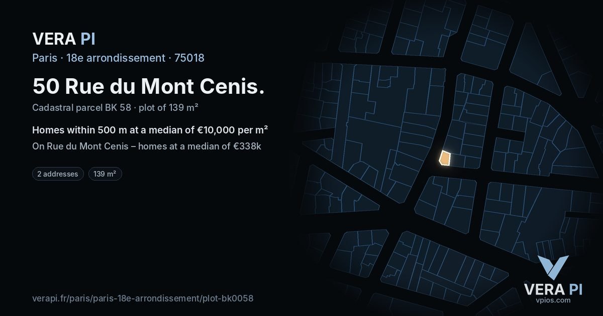 50 Rue du Mont Cenis, 18e arrondissement at night – the plot lit, the parcels around coloured by the prices near them