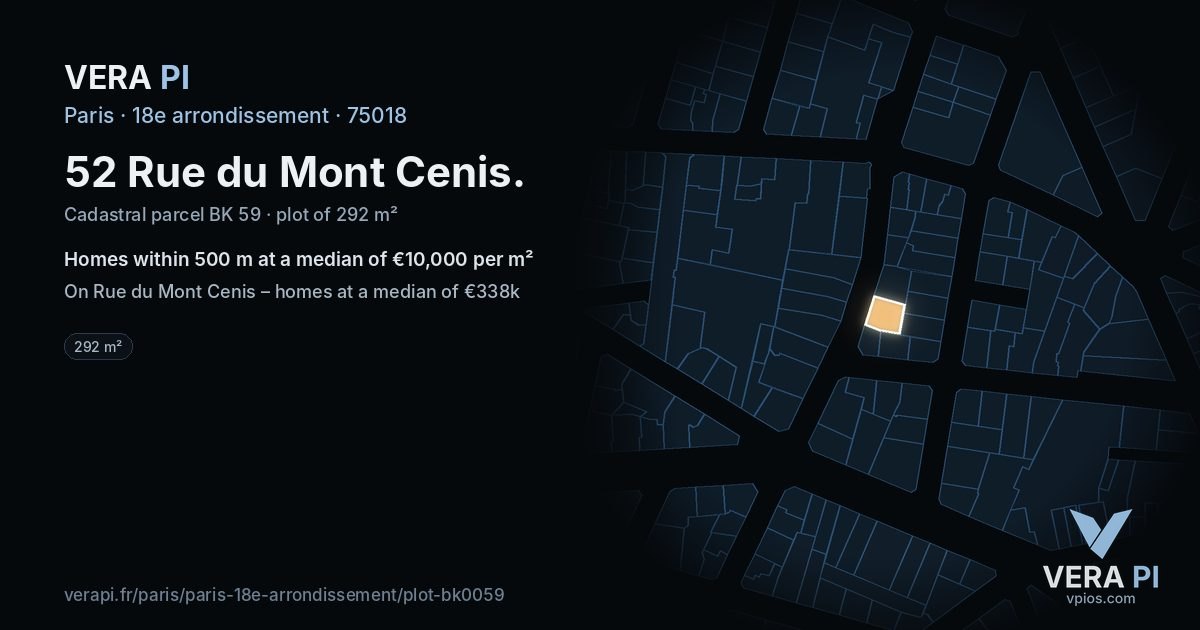 52 Rue du Mont Cenis, 18e arrondissement at night – the plot lit, the parcels around coloured by the prices near them