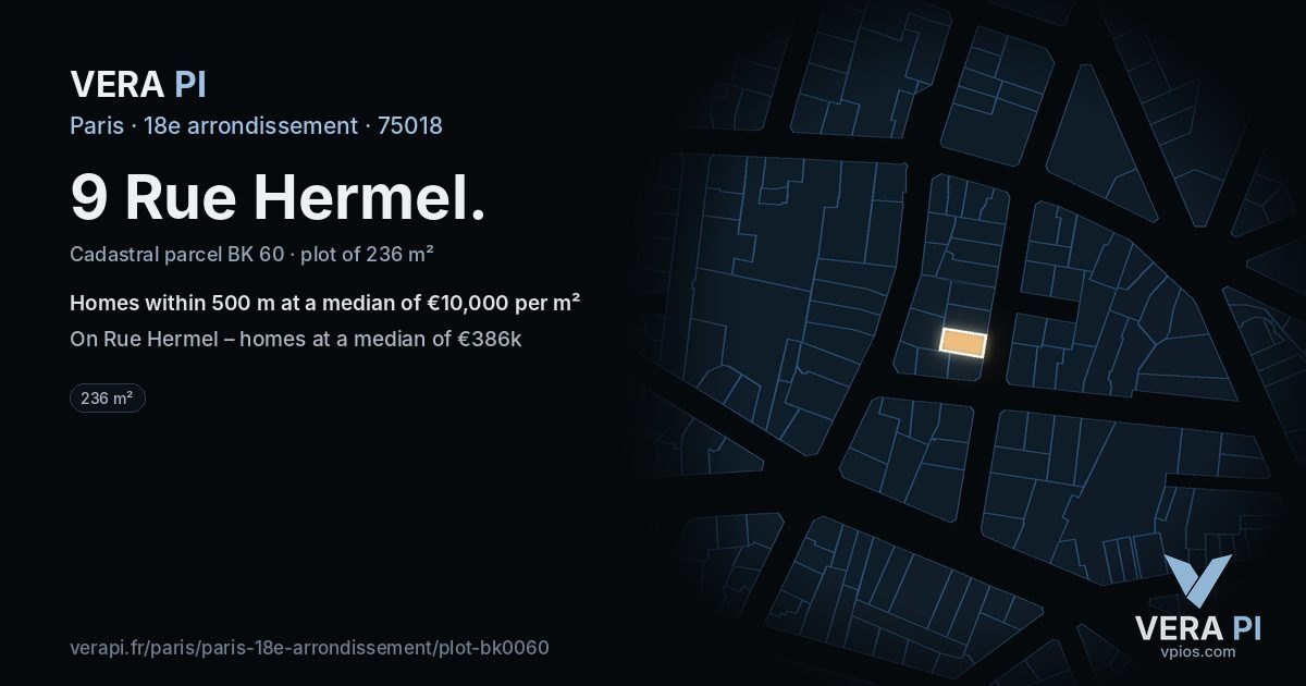 9 Rue Hermel, 18e arrondissement at night – the plot lit, the parcels around coloured by the prices near them
