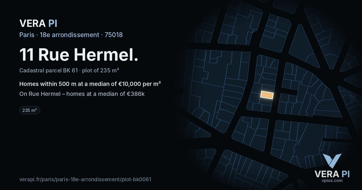 11 Rue Hermel, 18e arrondissement at night – the plot lit, the parcels around coloured by the prices near them