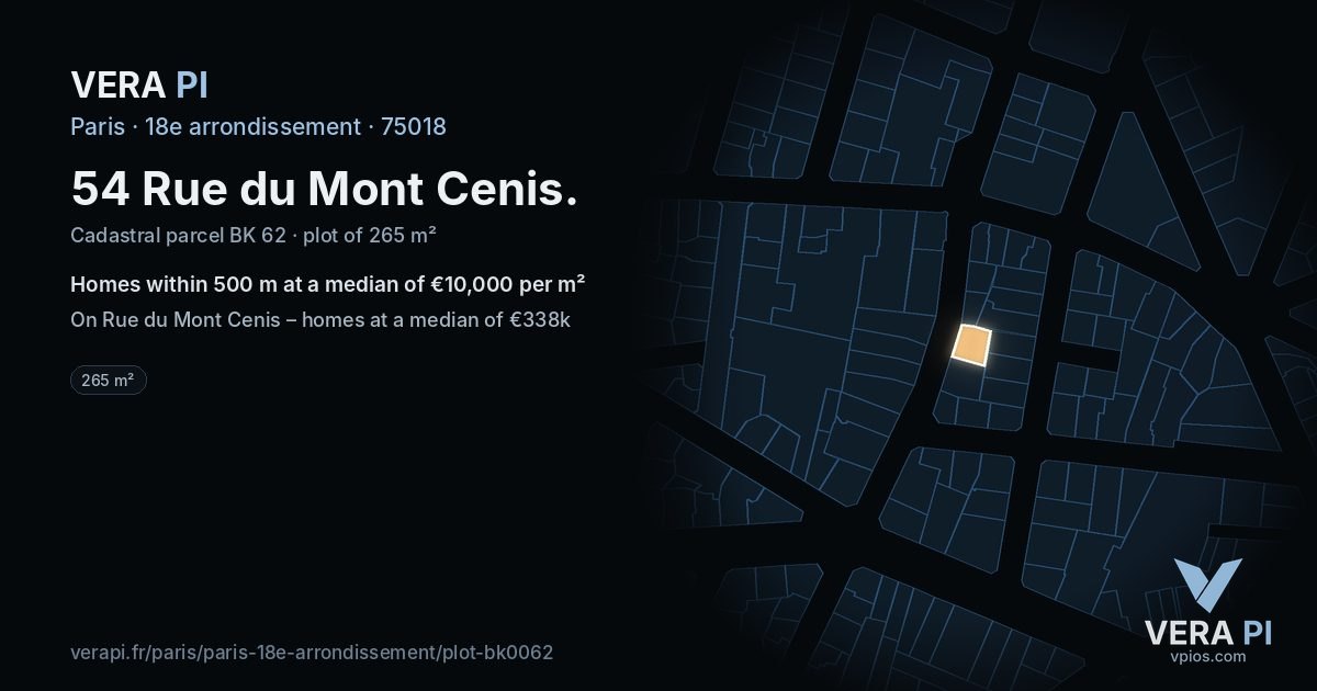 54 Rue du Mont Cenis, 18e arrondissement at night – the plot lit, the parcels around coloured by the prices near them