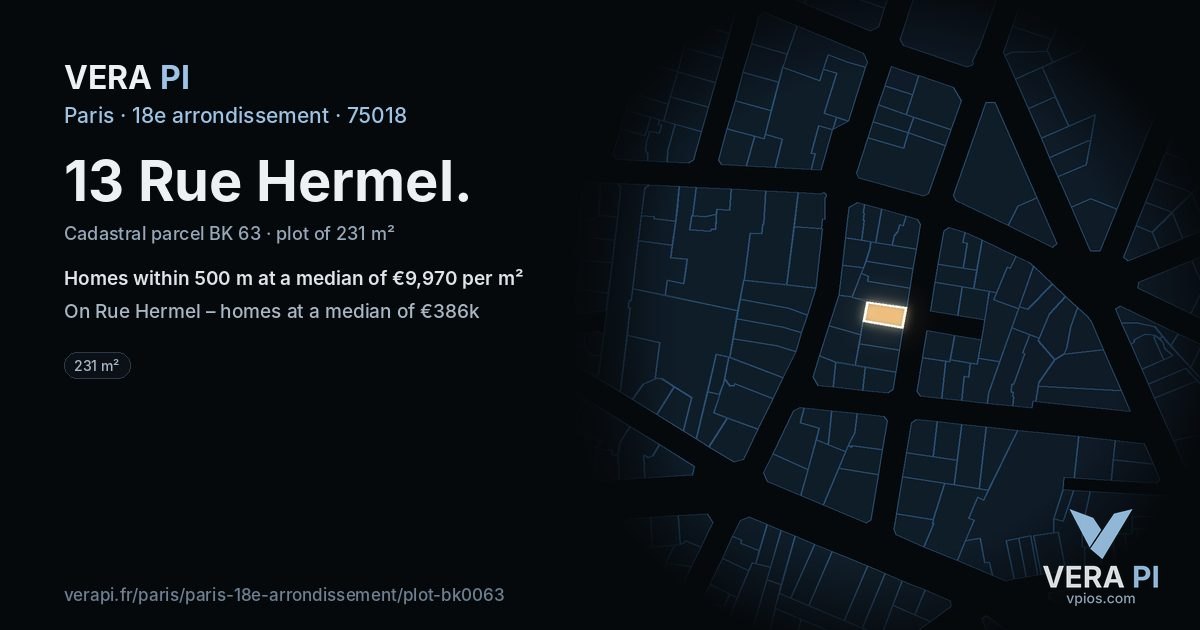 13 Rue Hermel, 18e arrondissement at night – the plot lit, the parcels around coloured by the prices near them