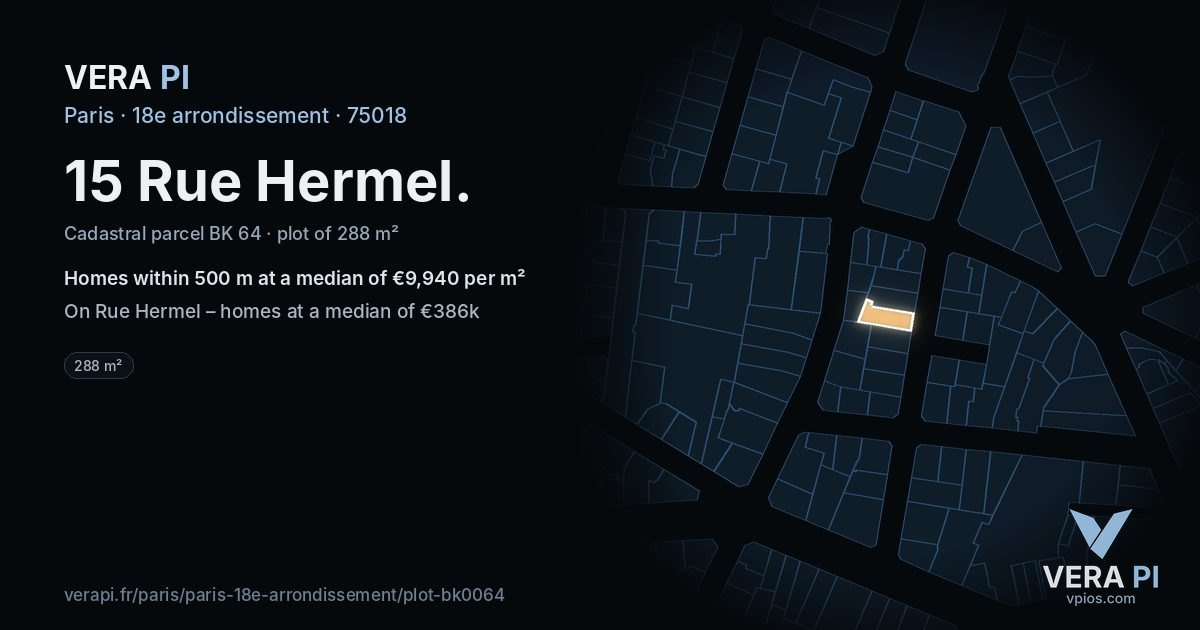 15 Rue Hermel, 18e arrondissement at night – the plot lit, the parcels around coloured by the prices near them