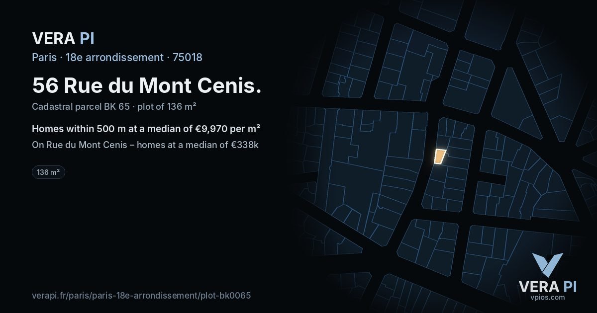56 Rue du Mont Cenis, 18e arrondissement at night – the plot lit, the parcels around coloured by the prices near them